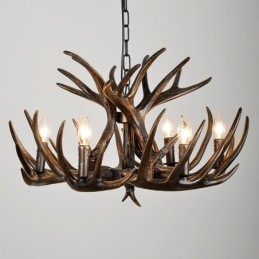 Lustre rustique artistique rétro noir à 6 lumières en bois de cerf