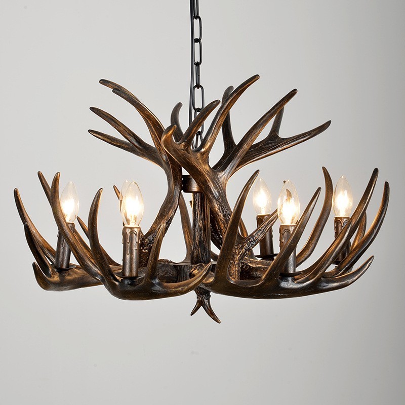 Lustre rustique artistique rétro noir à 6 lumières en bois de cerf