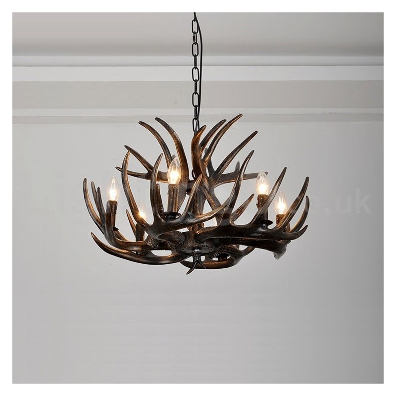 Lustre rustique artistique rétro noir à 6 lumières en bois de cerf