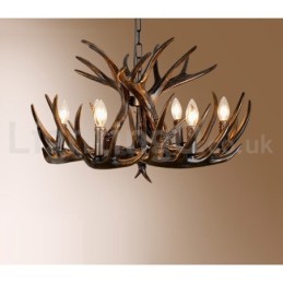 Lustre rustique artistique rétro noir à 6 lumières en bois de cerf