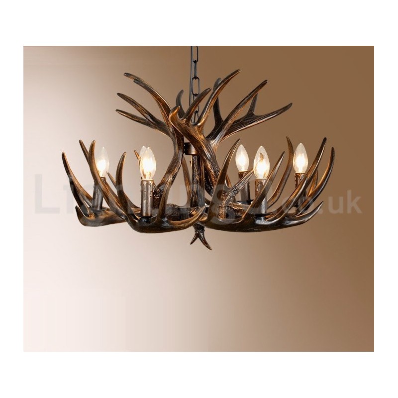Lustre rustique artistique rétro noir à 6 lumières en bois de cerf