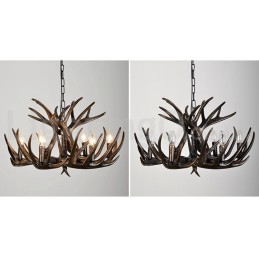 Lustre rustique artistique rétro noir à 6 lumières en bois de cerf