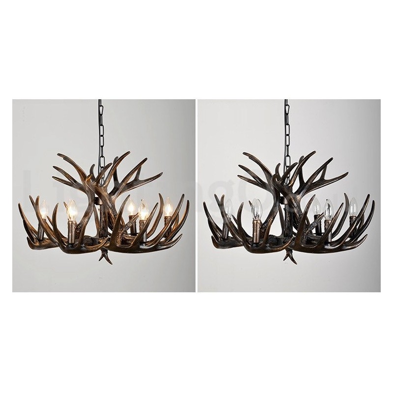 Lustre rustique artistique rétro noir à 6 lumières en bois de cerf