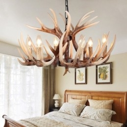 Lustre vintage rustique artistique rétro à 6 lumières en bois de cerf