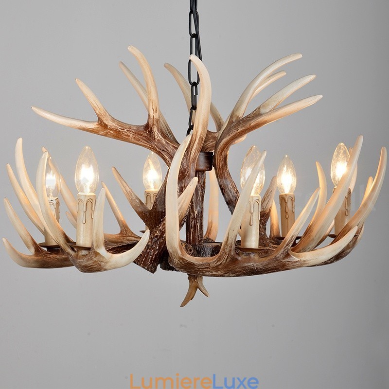 Lustre vintage rustique artistique rétro à 6 lumières en bois de cerf