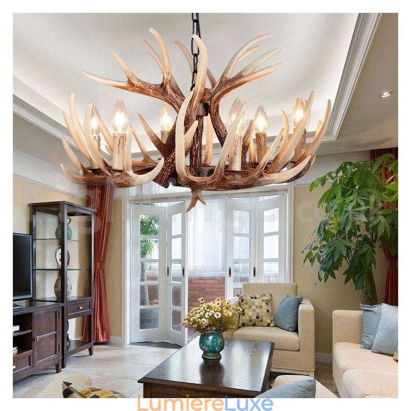Lustre vintage rustique artistique rétro à 6 lumières en bois de cerf