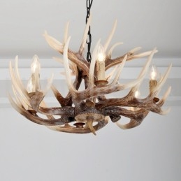 Lustre vintage rustique artistique rétro à 6 lumières en bois de cerf