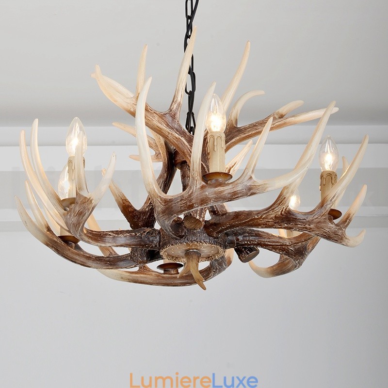 Lustre vintage rustique artistique rétro à 6 lumières en bois de cerf