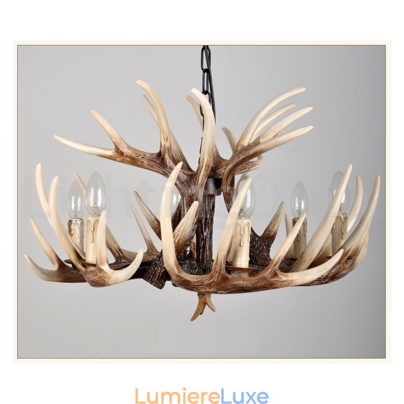 Lustre vintage rustique artistique rétro à 6 lumières en bois de cerf