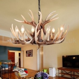 Lustre vintage rustique artistique rétro à 6 lumières en bois de cerf