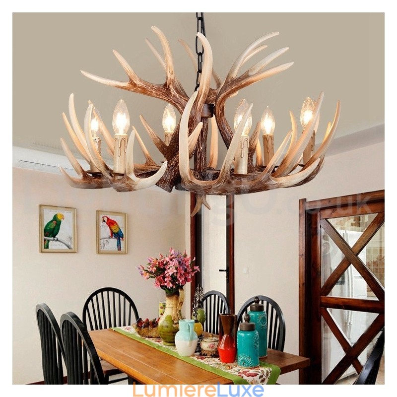 Lustre vintage rustique artistique rétro à 6 lumières en bois de cerf