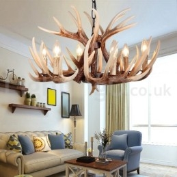 Lustre vintage rustique artistique rétro à 6 lumières en bois de cerf