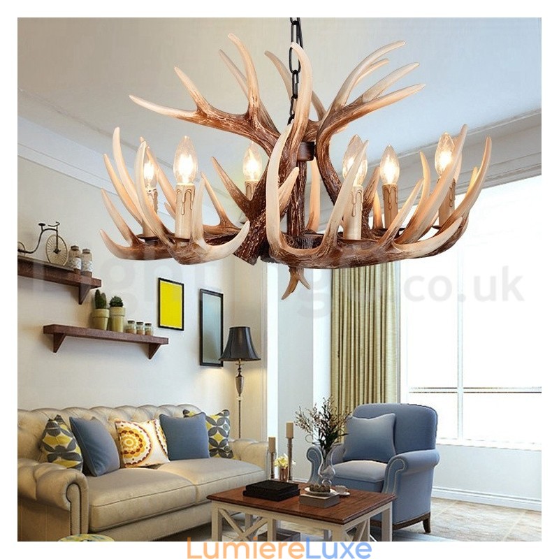 Lustre vintage rustique artistique rétro à 6 lumières en bois de cerf