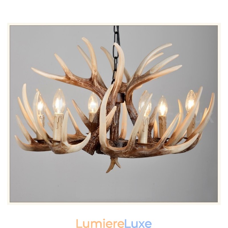 Lustre vintage rustique artistique rétro à 6 lumières en bois de cerf