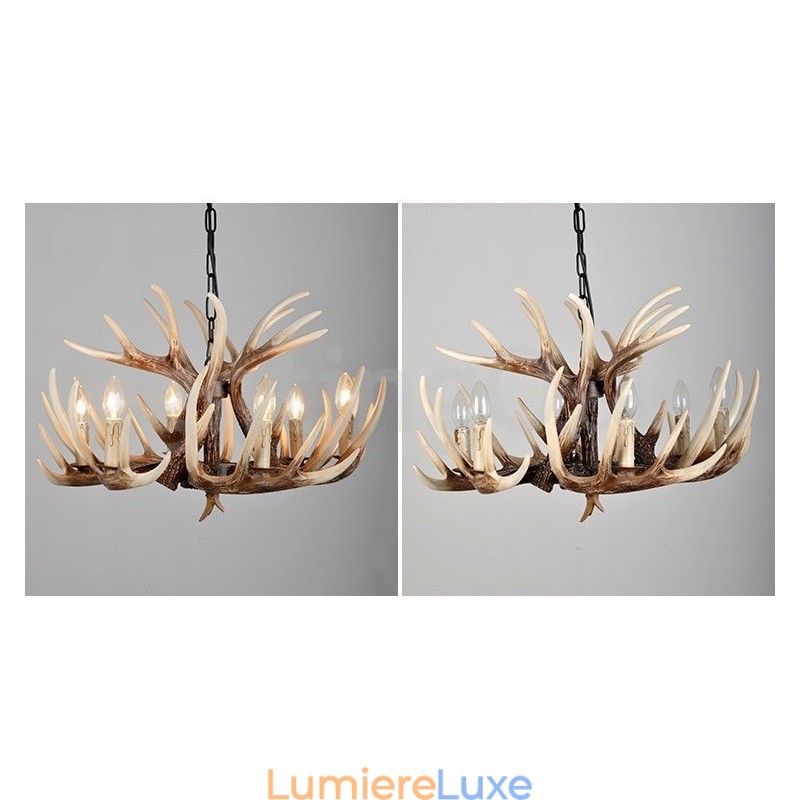 Lustre vintage rustique artistique rétro à 6 lumières en bois de cerf