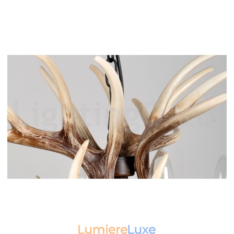 Lustre vintage rustique artistique rétro à 6 lumières en bois de cerf