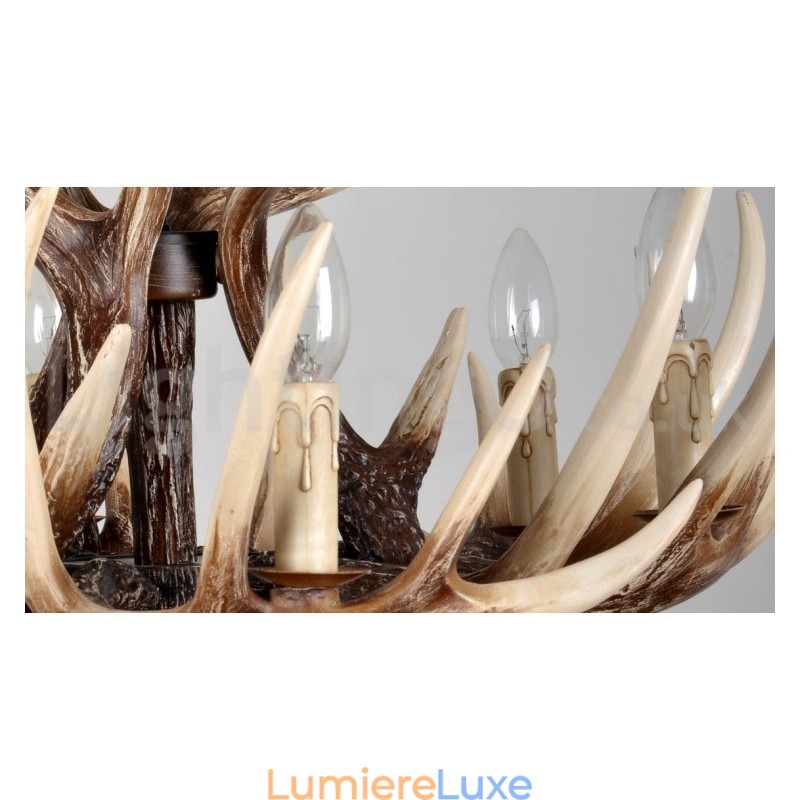 Lustre vintage rustique artistique rétro à 6 lumières en bois de cerf