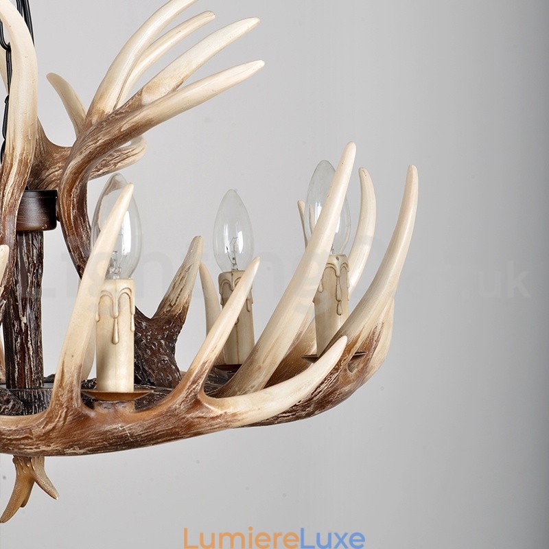 Lustre vintage rustique artistique rétro à 6 lumières en bois de cerf