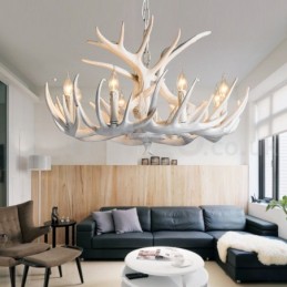 Lustre rustique artistique rétro à 9 lumières en bois de cerf blanc