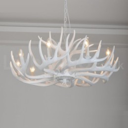 Lustre rustique artistique rétro à 9 lumières en bois de cerf blanc
