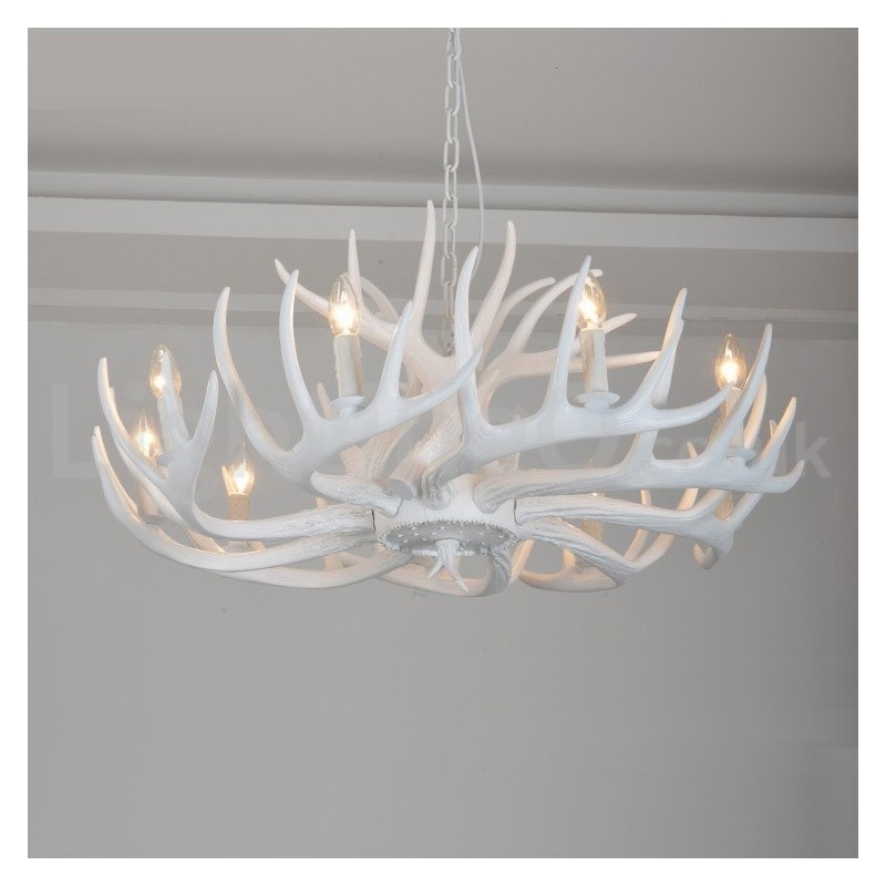 Lustre rustique artistique rétro à 9 lumières en bois de cerf blanc