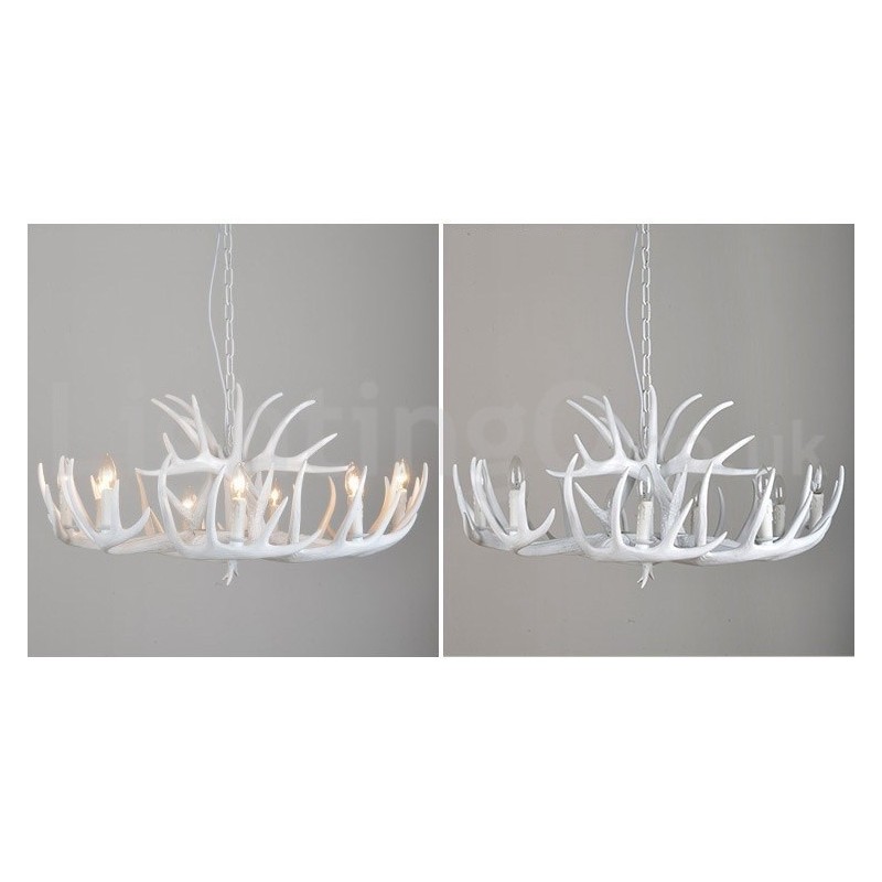 Lustre rustique artistique rétro à 9 lumières en bois de cerf blanc