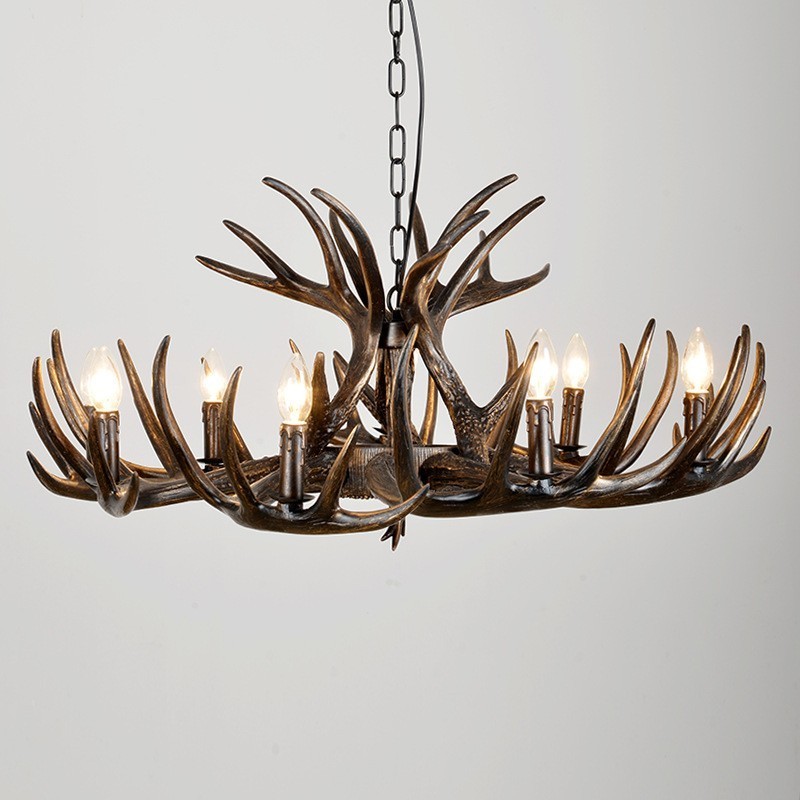 Lustre rustique artistique rétro noir à 9 lumières en bois de cerf