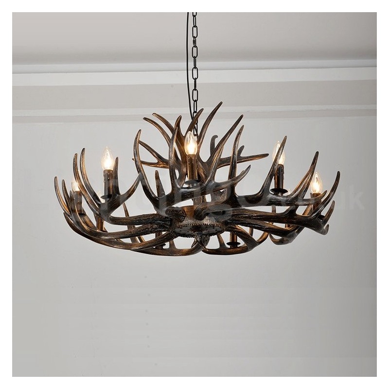 Lustre rustique artistique rétro noir à 9 lumières en bois de cerf