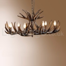 Lustre rustique artistique rétro noir à 9 lumières en bois de cerf
