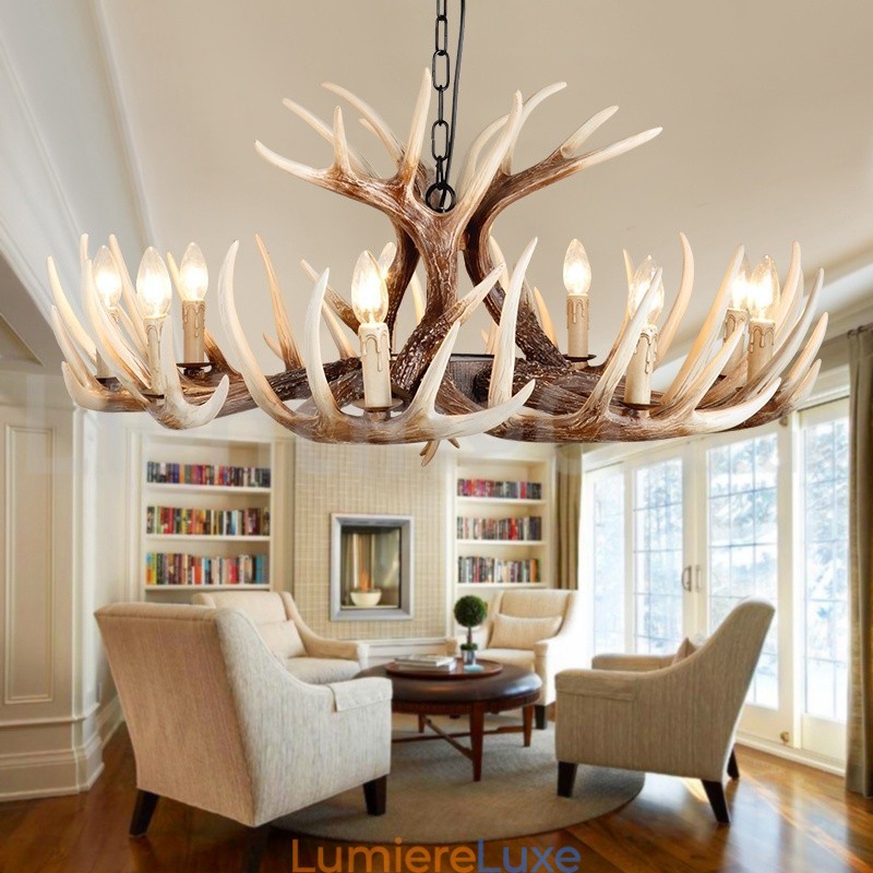 Lustre vintage rustique artistique rétro à 9 lumières en bois de cerf
