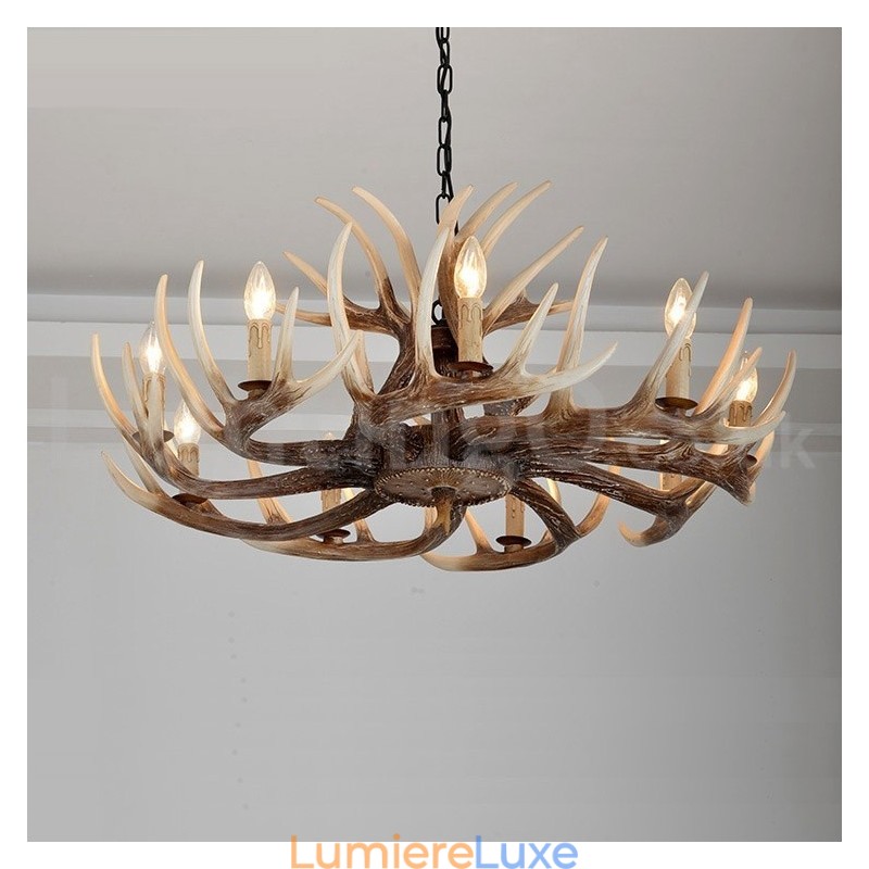 Lustre vintage rustique artistique rétro à 9 lumières en bois de cerf