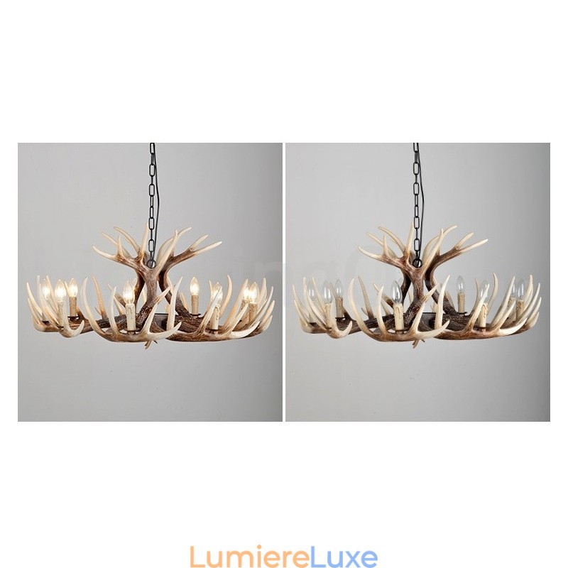 Lustre vintage rustique artistique rétro à 9 lumières en bois de cerf