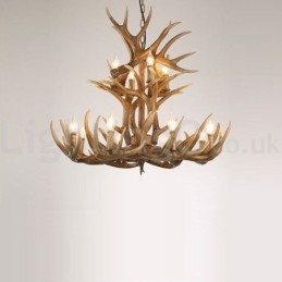 Lustre vintage rustique artistique rétro à 12 lumières et 2 attaches en bois de cerf