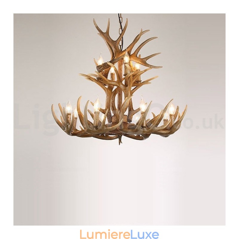 Lustre vintage rustique artistique rétro à 12 lumières et 2 attaches en bois de cerf