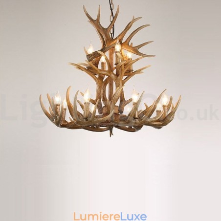 Lustre vintage rustique artistique rétro à 12 lumières et 2 attaches en bois de cerf Lustre vintage rustique artistique rétro à 12 lumières et 2 attaches en bois de cerf