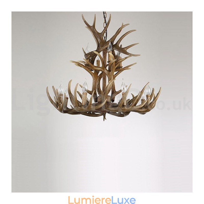 Lustre vintage rustique artistique rétro à 12 lumières et 2 attaches en bois de cerf