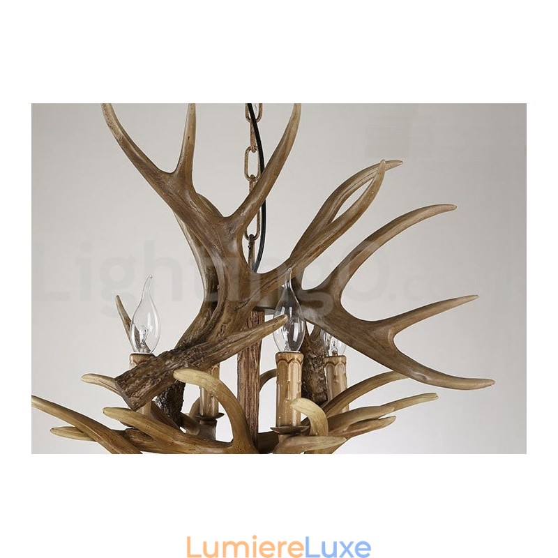 Lustre vintage rustique artistique rétro à 12 lumières et 2 attaches en bois de cerf