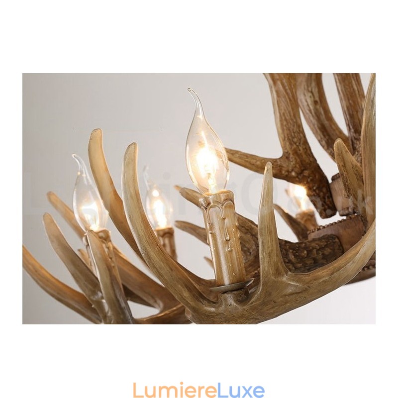 Lustre vintage rustique artistique rétro à 12 lumières et 2 attaches en bois de cerf