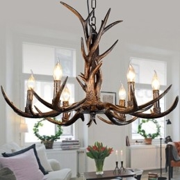Lustre vintage rustique artistique rétro à 6 lumières en bois de cerf noir