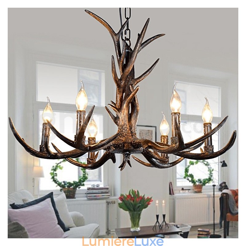 Lustre vintage rustique artistique rétro à 6 lumières en bois de cerf noir