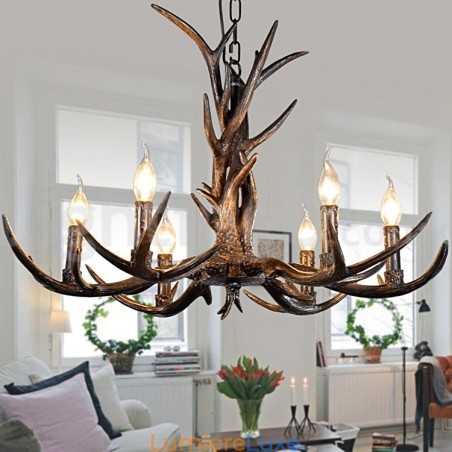 Lustre vintage rustique artistique rétro à 6 lumières en bois de cerf noir Lustre vintage rustique artistique rétro à 6 lumières en bois de cerf noir