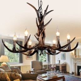 Lustre vintage rustique artistique rétro à 6 lumières en bois de cerf noir