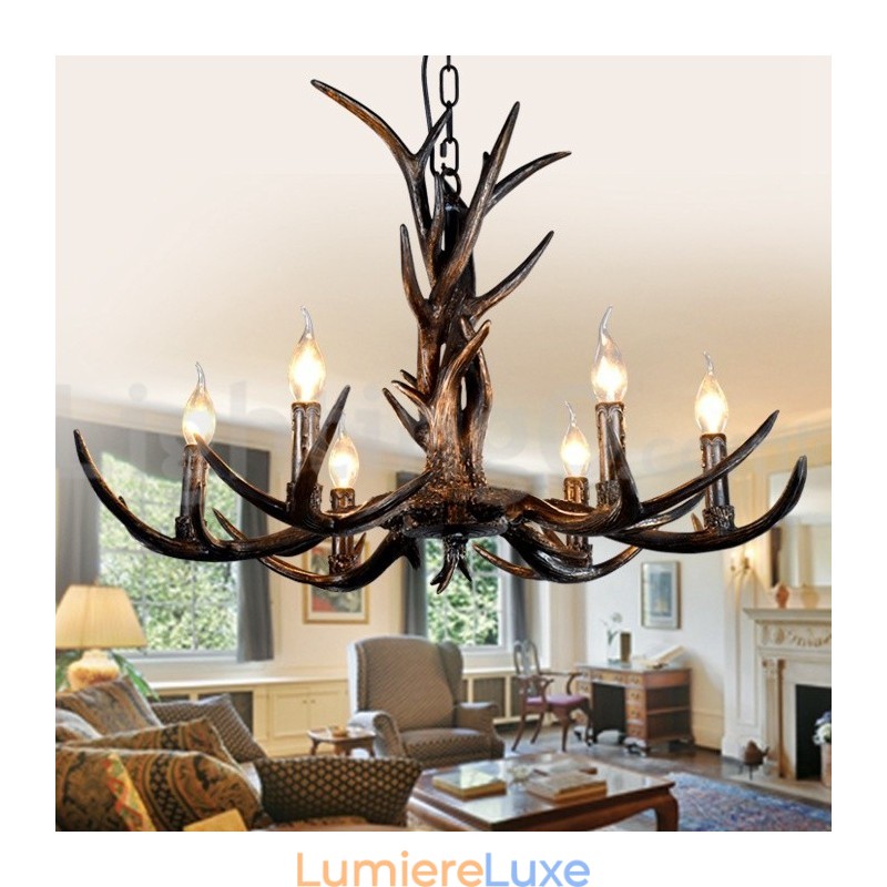Lustre vintage rustique artistique rétro à 6 lumières en bois de cerf noir