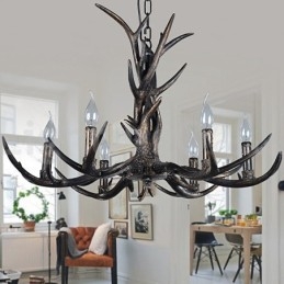 Lustre vintage rustique artistique rétro à 6 lumières en bois de cerf noir