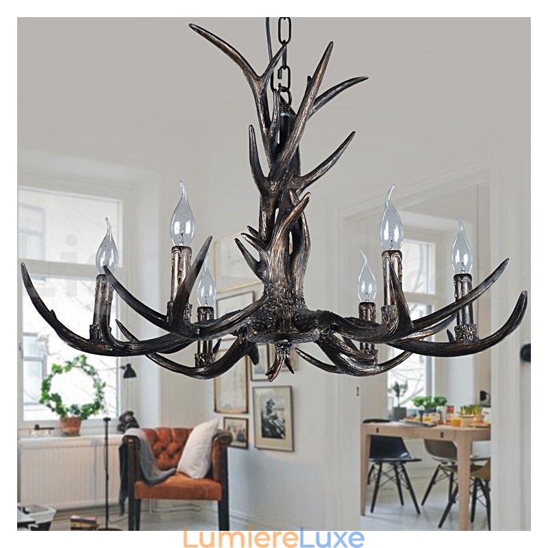 Lustre vintage rustique artistique rétro à 6 lumières en bois de cerf noir
