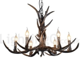 Lustre vintage rustique artistique rétro à 6 lumières en bois de cerf noir