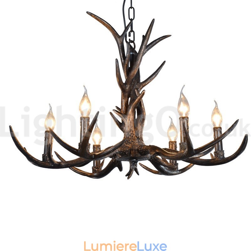 Lustre vintage rustique artistique rétro à 6 lumières en bois de cerf noir