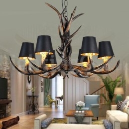 Lustre vintage rustique artistique rétro à 6 lumières en bois de cerf noir