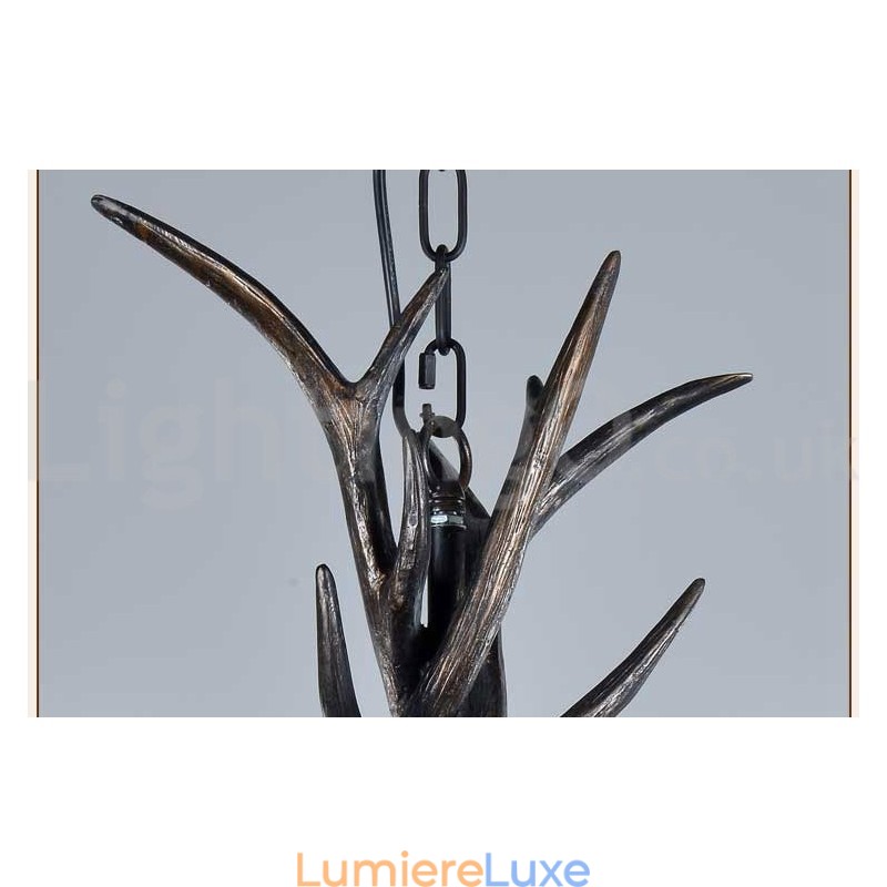 Lustre vintage rustique artistique rétro à 6 lumières en bois de cerf noir