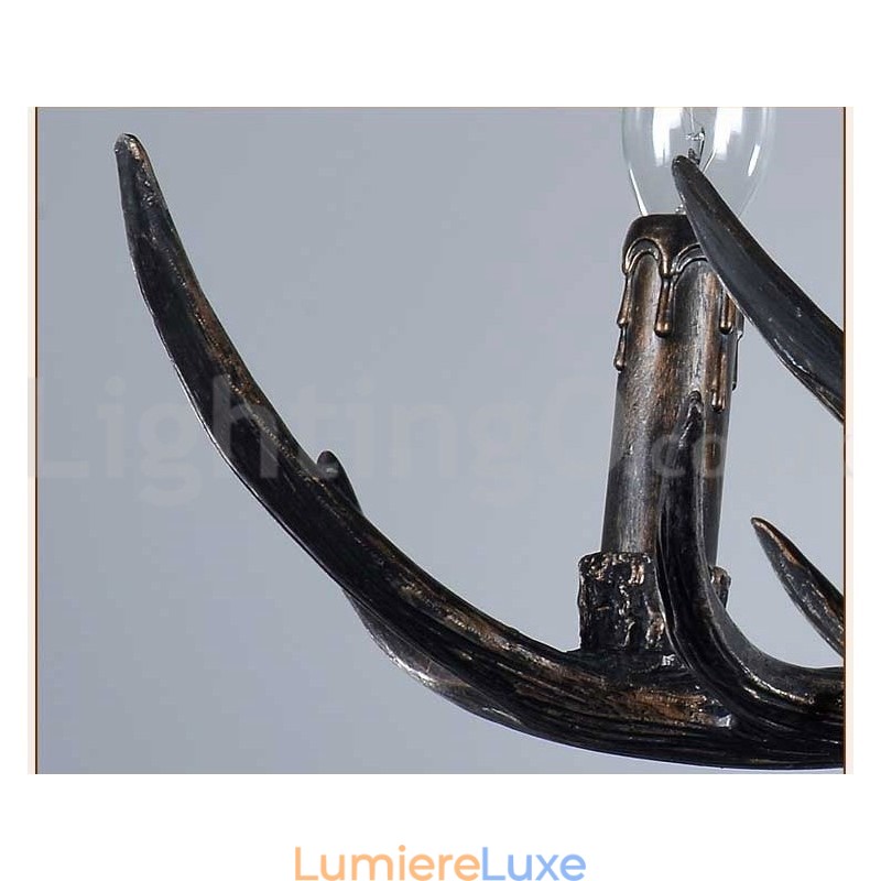 Lustre vintage rustique artistique rétro à 6 lumières en bois de cerf noir